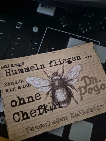 "Solange Hummeln fliegen, können wir ohne Chef:innen" Das berliner Kollektiv "Dr. Pogo" hat mich mit diesen Postkarten inspiriert über dieses ganze "Chef-Ding" nachzudenken.