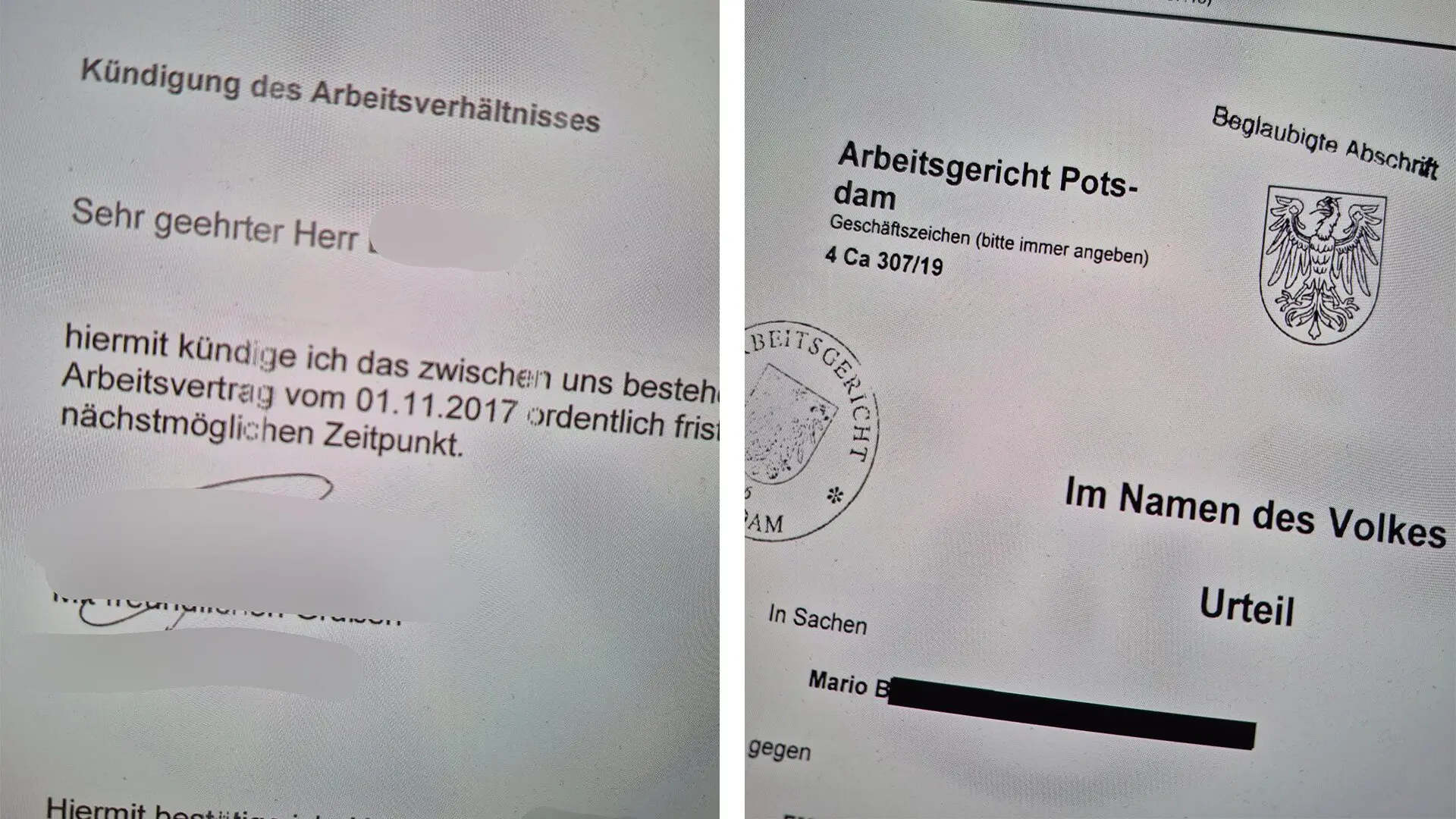 Damit hat's angefangen: Am 13.12. wurde ich gekündigt, weil ich meinen Kollegen in Schutz genommen habe.